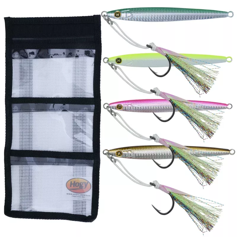 4.5oz (5.5) Sand Eel Jig Teaser Assist Hook Bundle + Medium Mesh Roll Up Storage Bag (5pc)